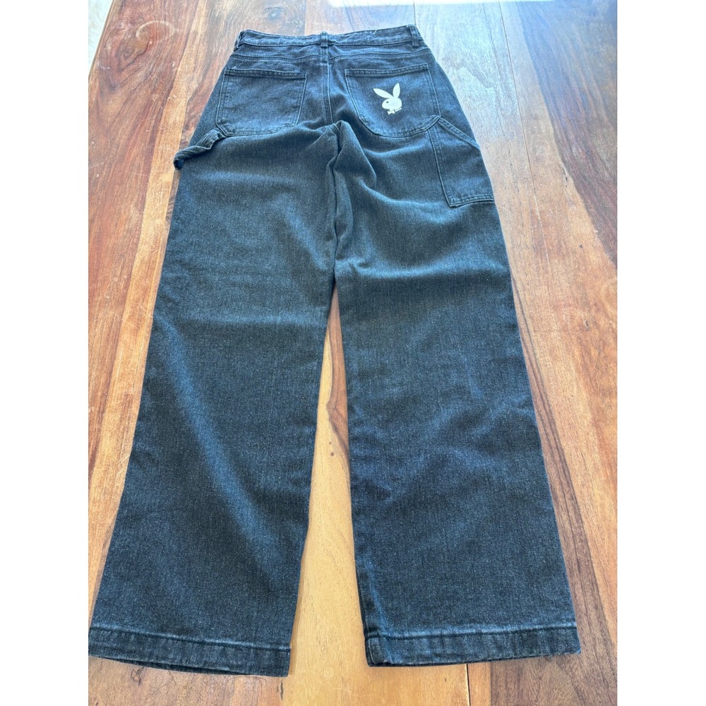 PLAYBOY rare carpenter jeans women sz 0 black acid wash wide leg bunny logo